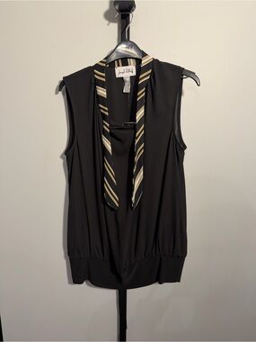 NWT size 10 Joseph Ribkoff Black Sleeveless Tie-Neck with Yellow/White Stripes